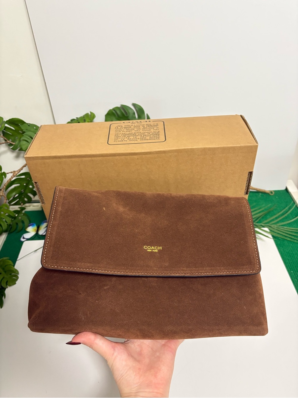 Coach Brown Suede Shoulder Clutch with Gold Logo